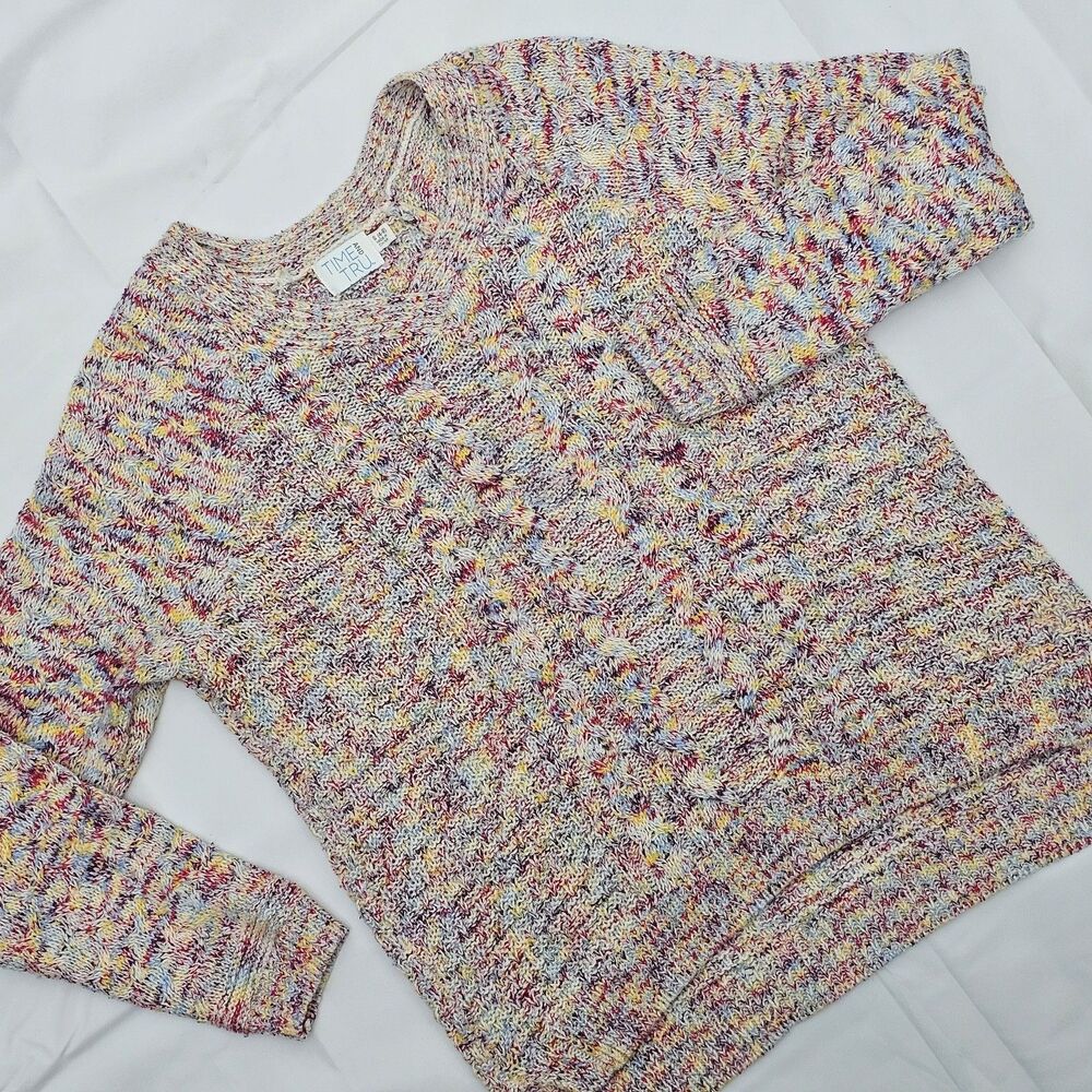 Time & Tru Womens Small  Colorful Cable Knit VNeck Pullover Sweater Cozy Kidcore